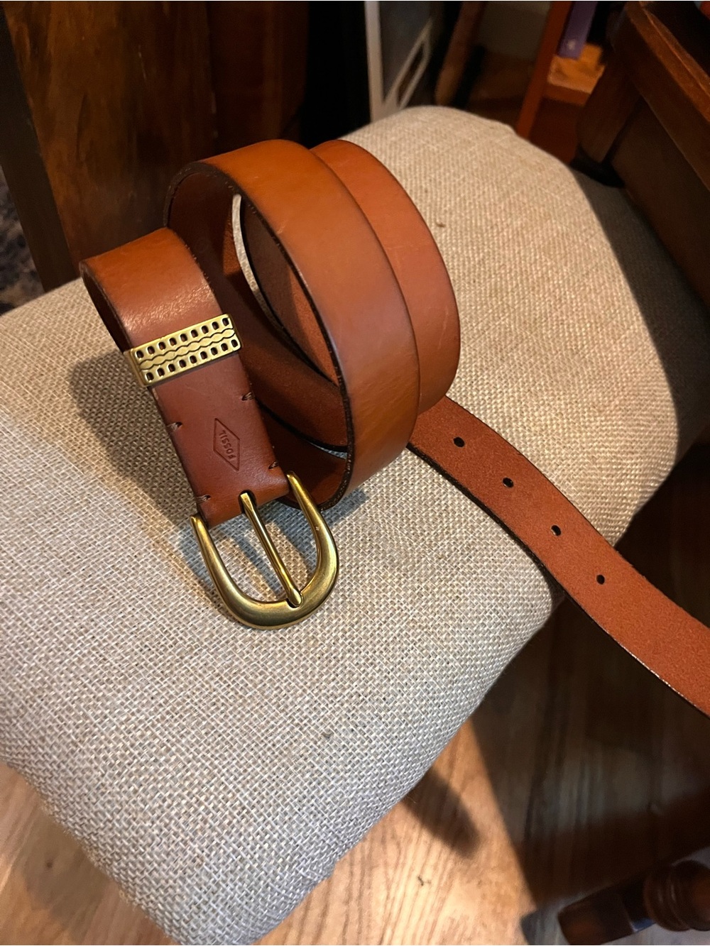 Fossil Tan Leather Belt with Brass Oval Buckle